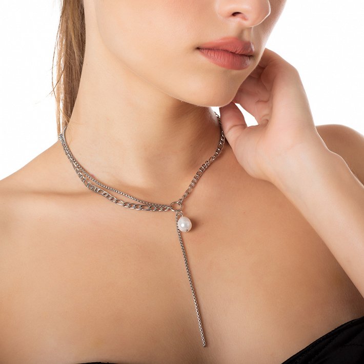 Κολιέ ατσάλινο με διπλή αλυσίδα και πέρλα