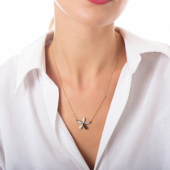 Κολιέ ατσάλινο μαργαρίτα με φίλντισι και πέτρες ζιργκόν