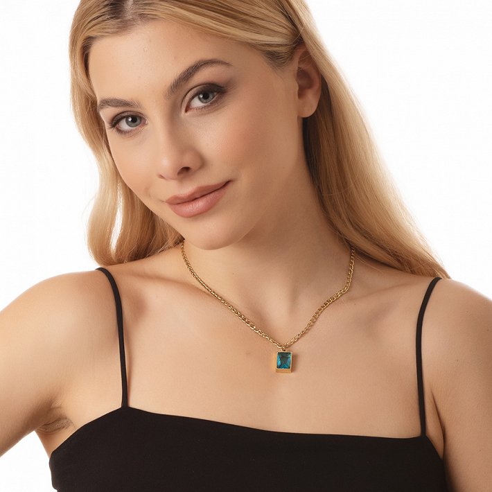 Κολιέ ατσάλινο με καρέ blue topaz πέτρα ζιργκόν