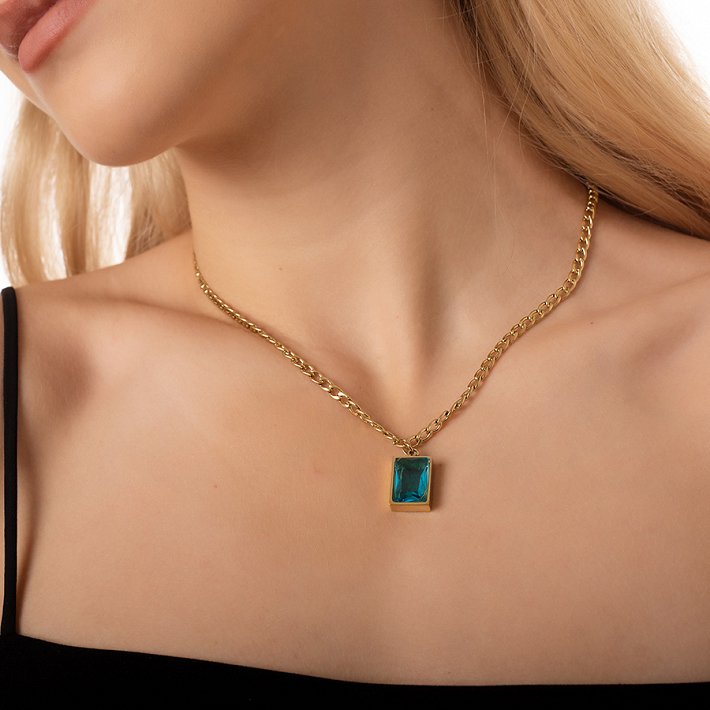 Κολιέ ατσάλινο με καρέ blue topaz πέτρα ζιργκόν