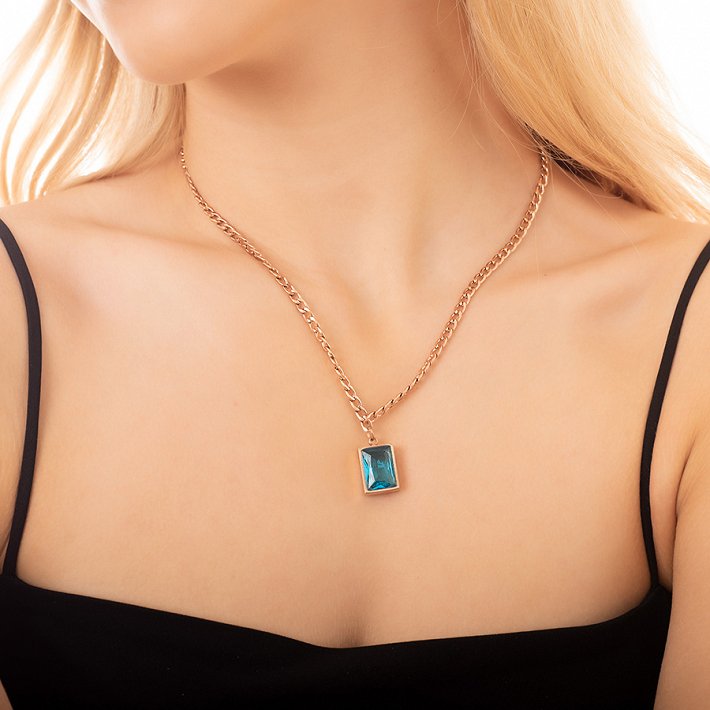 Κολιέ ατσάλινο με καρέ blue topaz πέτρα ζιργκόν