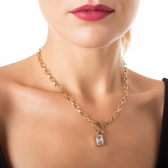 Κολιέ ατσάλινο με τετράγωνη λευκή πέτρα ζιργκόν
