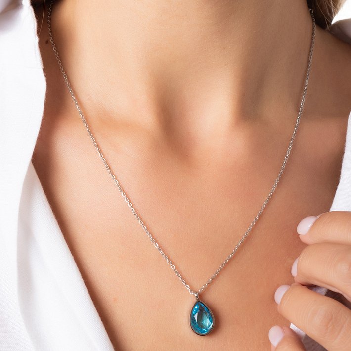 Κολιέ από ανοξείδωτο ατσάλι δάκρυ με μπλέ ζιργκόν