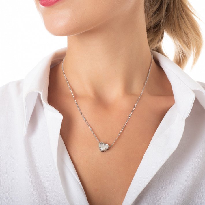 Κολιέ από ανοξείδωτο ατσάλι καρδιά με λευκό κρύσταλλο