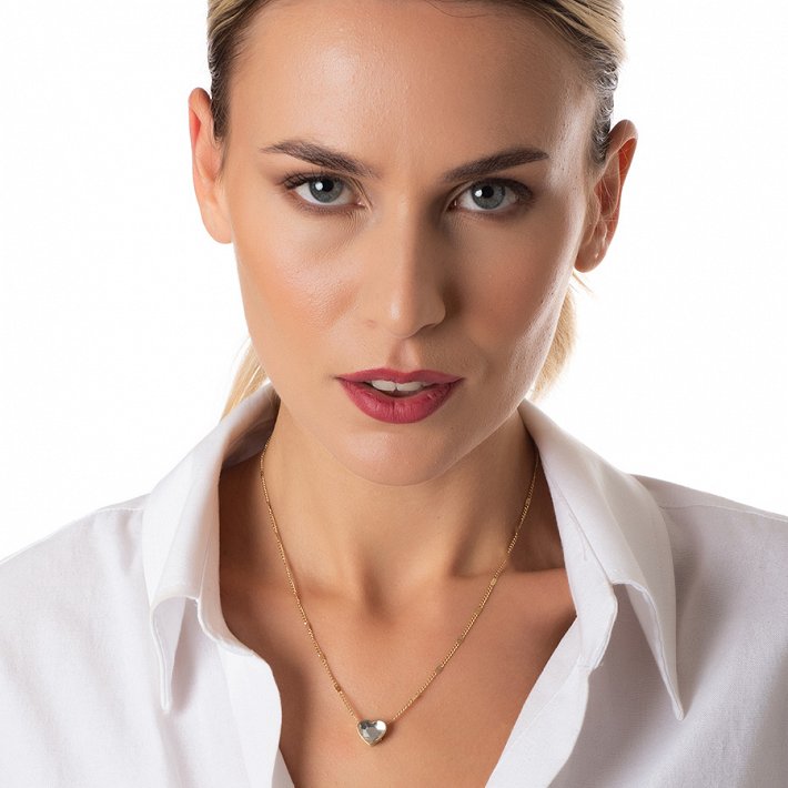 Κολιέ από ανοξείδωτο ατσάλι καρδιά με λευκό κρύσταλλο