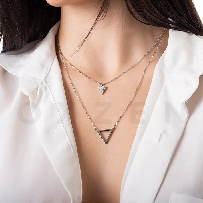 Κολιέ από ανοξείδωτο ατσάλι διπλό τριγωνικό με λευκά κρύσταλλα