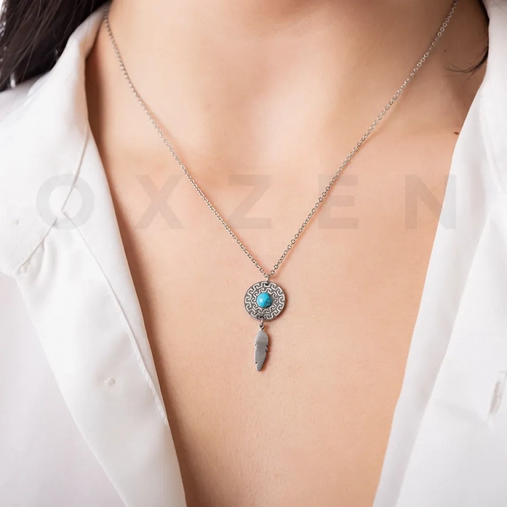 Κολιέ από ανοξείδωτο ατσάλι, με μαίανδρο και τιρκουάζ πέτρα