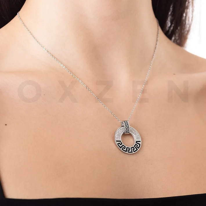 Κολιέ από ανοξείδωτο ατσάλι, στρογγυλό με μαίανδρο και λευκά κρύσταλλα