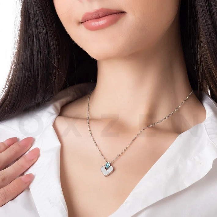 Κολιέ από ανοξείδωτο ατσάλι καρδιά με φίλντισι και γαλάζιο κρύσταλλο
