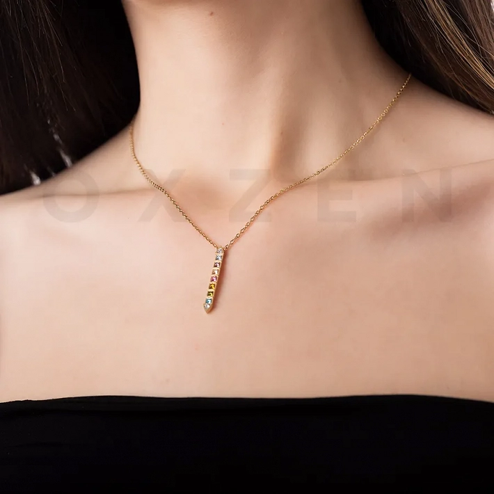 Κολιέ από ανοξείδωτο ατσάλι, ορθογώνιο με πολύχρωμα κρύσταλλα