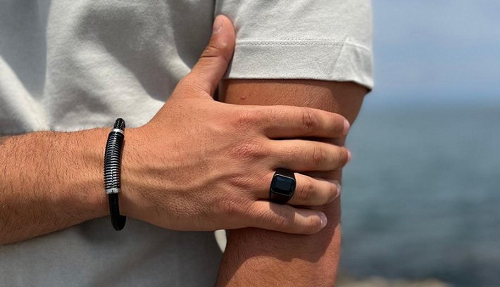 Δαχτυλίδι από ανοξείδωτο ατσάλι, ανδρικό με μαύρη πέτρα ζιργκόν