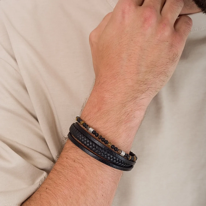 Ανδρικό βραχιόλι από ανοξείδωτο ατσάλι με τετραπλό δέρμα και πέτρες μάτι τίγρης
