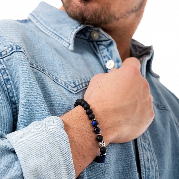 Βραχιόλι με Blue Tiger's Eye stones και μαύρες χάντρες 8mm