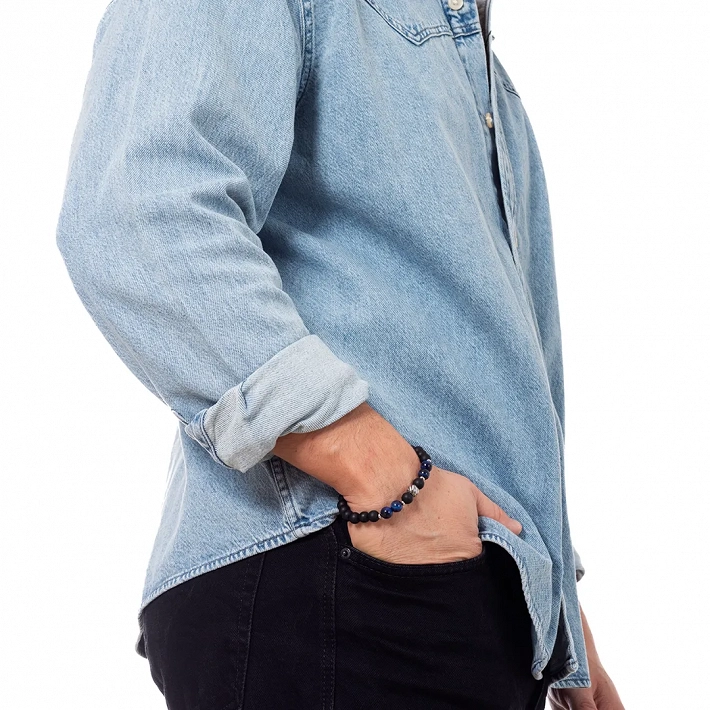 Βραχιόλι με Blue Tiger's Eye stones και μαύρες χάντρες 8mm