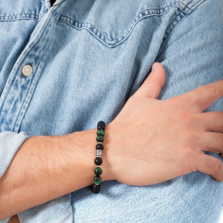 Βραχιόλι με Green Tiger's Eye stones  και μαύρες χάντρες 8mm
