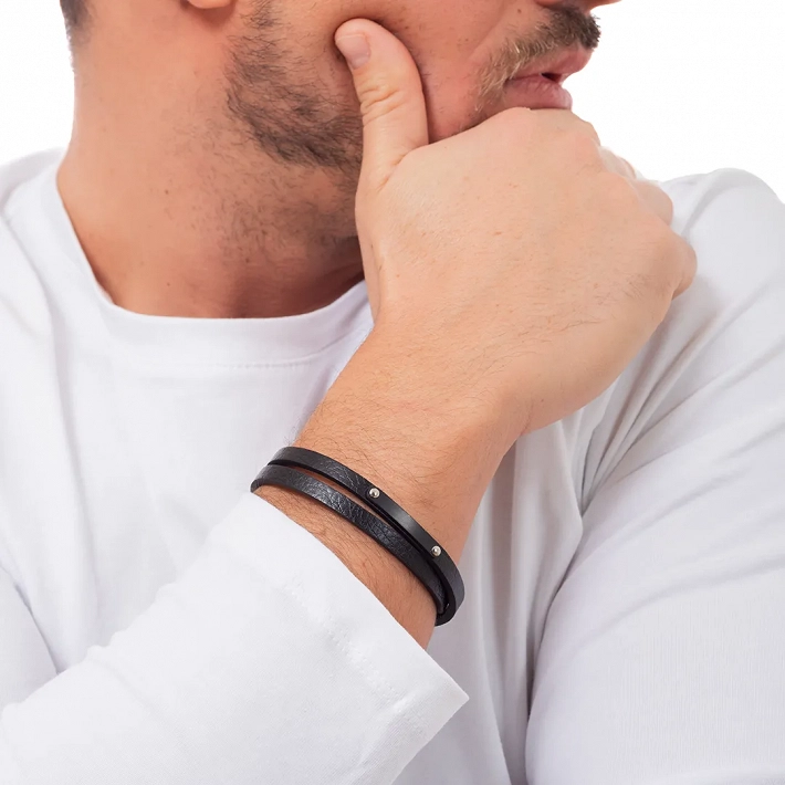 Oxzen ανδρικό βραχιόλι ατσάλινο με δέρμα