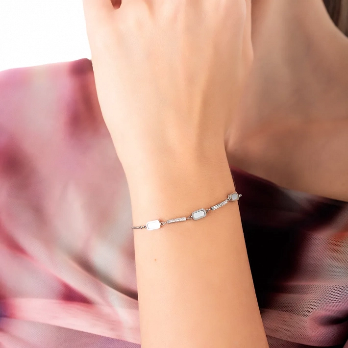 Oxzen ατσάλινο βραχιόλι με κομμάτια φίλντισι και πέτρες ζιργκόν