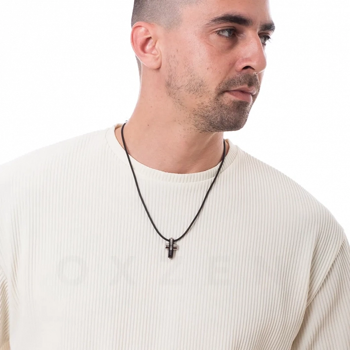 Κολιέ σταυρός ατσάλι με καουτσούκ