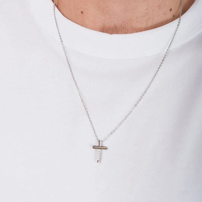 Κολιέ σταυρός ανδρικός από ανοξείδωτο ατσάλι ασημί με μαύρα μικρά ζιργκόν στο πλάι