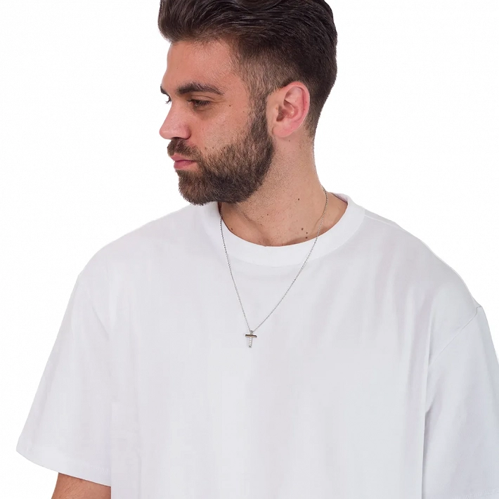 Κολιέ σταυρός ανδρικός από ανοξείδωτο ατσάλι ασημί με μαύρα μικρά ζιργκόν στο πλάι