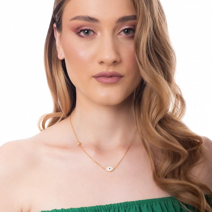 Κολιέ από ανοξείδωτο ατσάλι ματάκι με λευκά κρύσταλλα και λευκό ζιργκόν