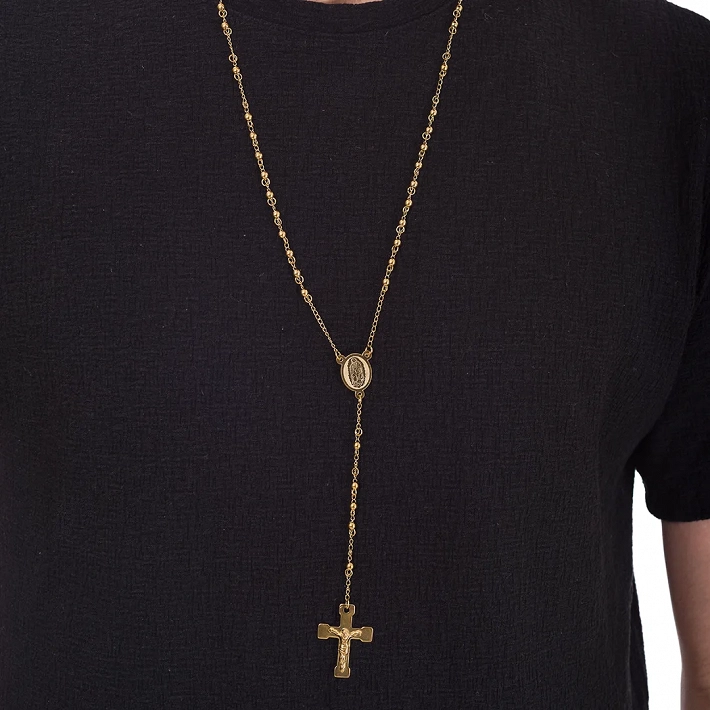Κολιέ Unisex ροζάριο από ανοξείδωτο ατσάλι επιχρυσωμένο με τον εσταυρωμένο