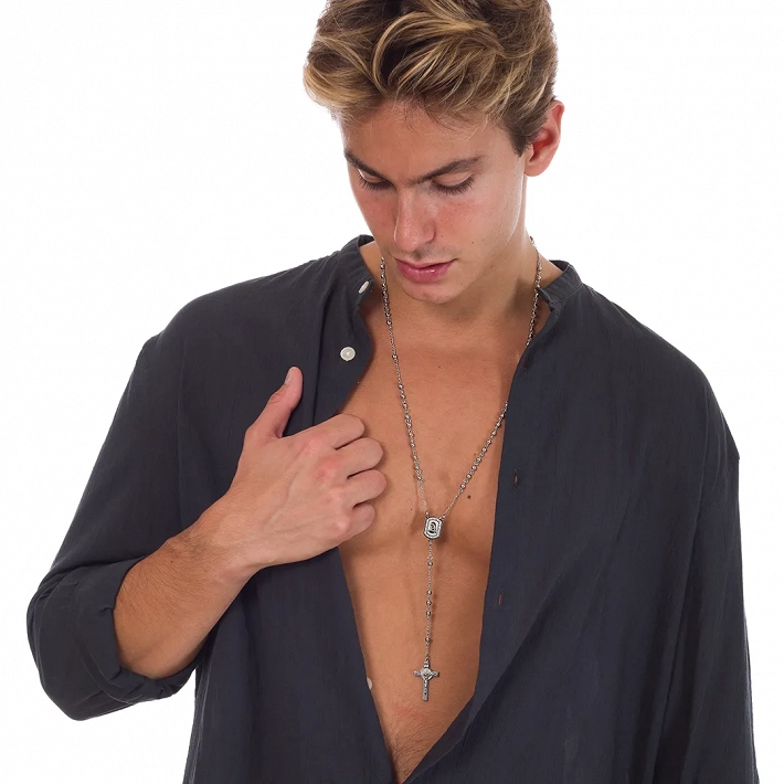 Κολιέ Unisex ροζάριο από ανοξείδωτο ατσάλι με την Madonna και τον εσταυρωμένο