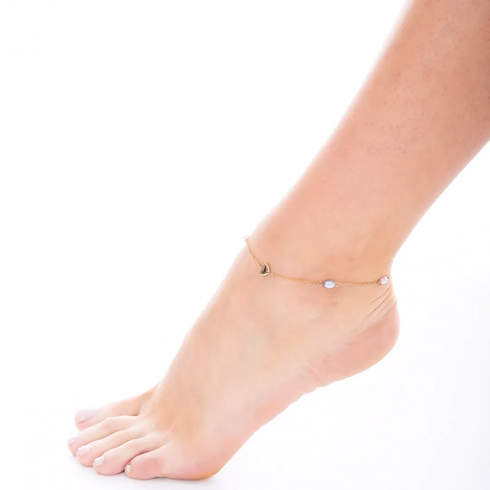 Αλυσίδα ποδιού από ανοξείδωτο ατσάλι με καρδιά και χρωματιστές πέρλες