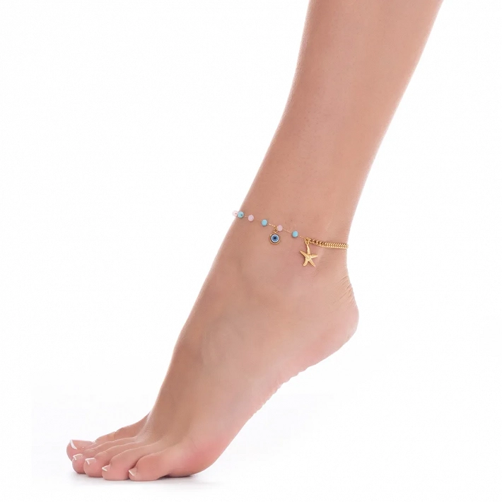 Αλυσίδα ποδιού ατσάλινη με πέτρες και ματάκι