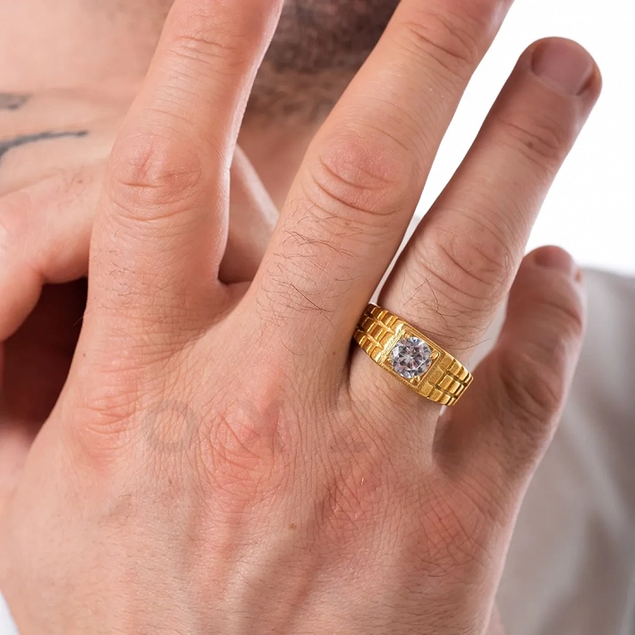 Δαχτυλίδι από ανοξείδωτο ατσάλι, ανδρικό επιχρυσωμένο με λευκό ζιργκόν