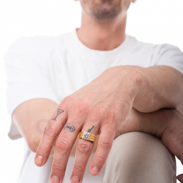 Δαχτυλίδι από ανοξείδωτο ατσάλι, ανδρικό επιχρυσωμένο με λευκό ζιργκόν