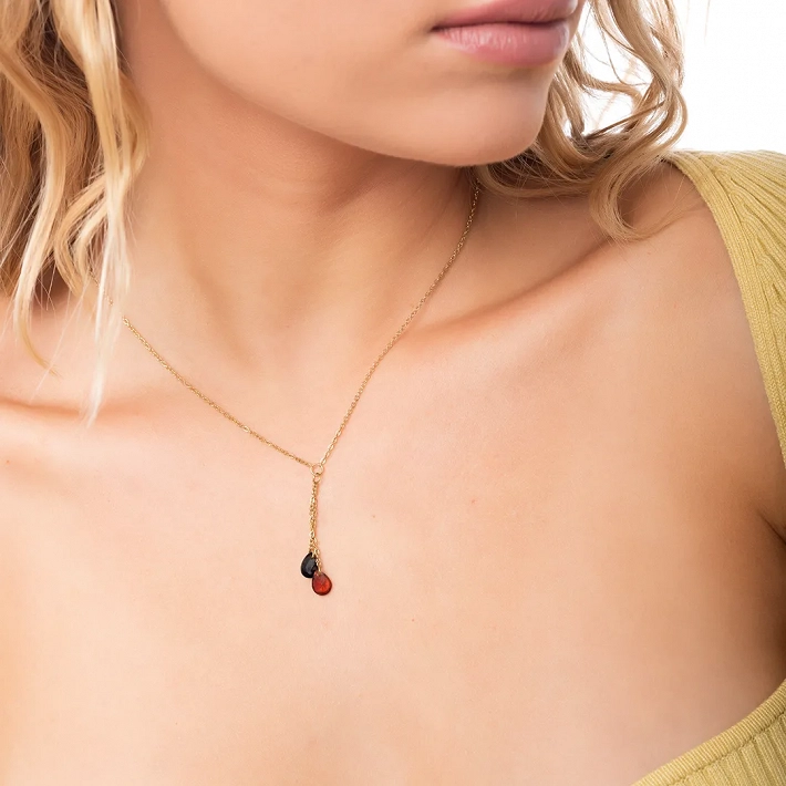 Κολιέ γυναικείο από ανοξείδωτο ατσάλι επιχρυσωμένο με δύο κρεμαστές πέτρες ζιργκόν