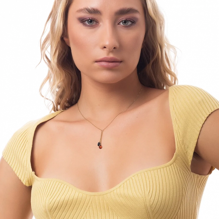 Κολιέ γυναικείο από ανοξείδωτο ατσάλι επιχρυσωμένο με δύο κρεμαστές πέτρες ζιργκόν