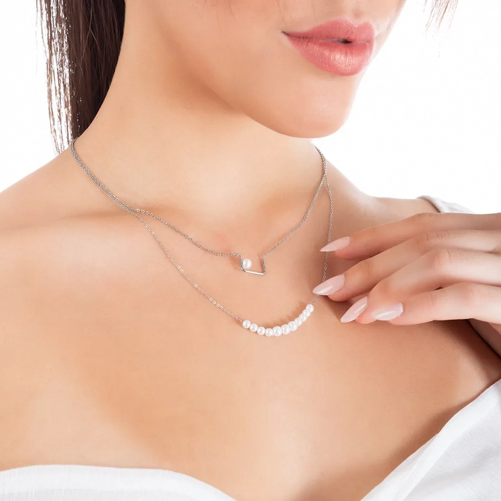 Κολιέ γυναικείο από ανοξείδωτο ατσάλι διπλό με πέρλες
