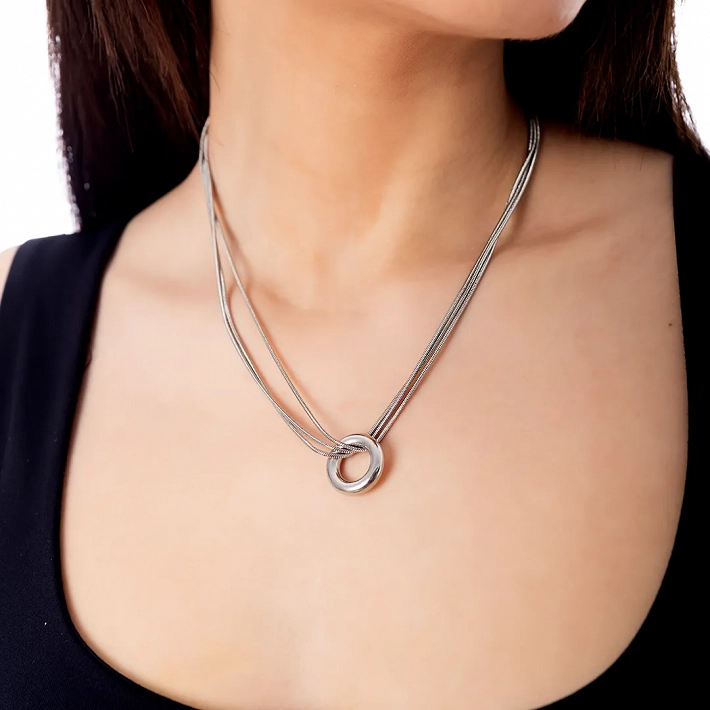 Κολιέ ατσάλινο με κύκλο και τριπλή αλυσίδα