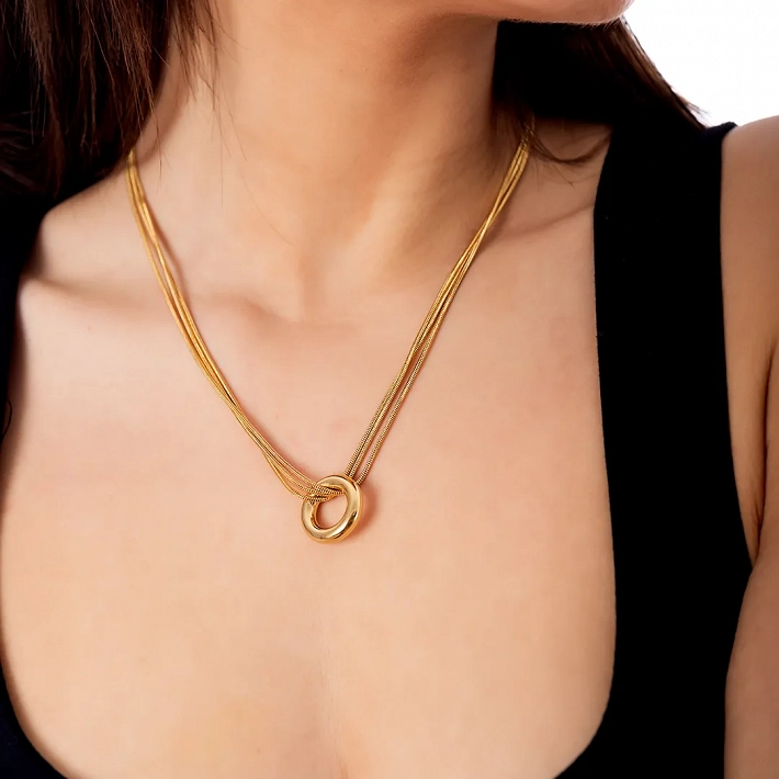 Κολιέ ατσάλινο με κύκλο και τριπλή αλυσίδα