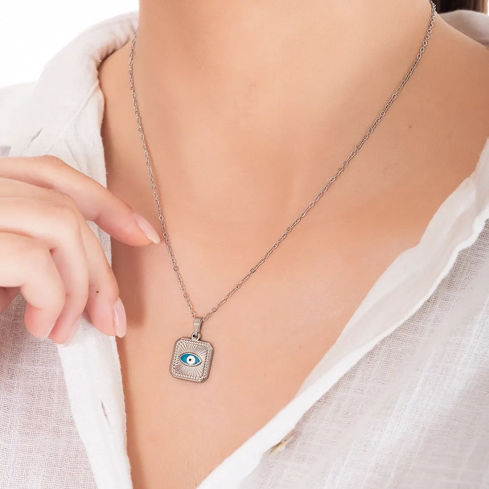 Κολιέ γυναικείο από ανοξείδωτο ατσάλι τετράγωνο με ματάκι