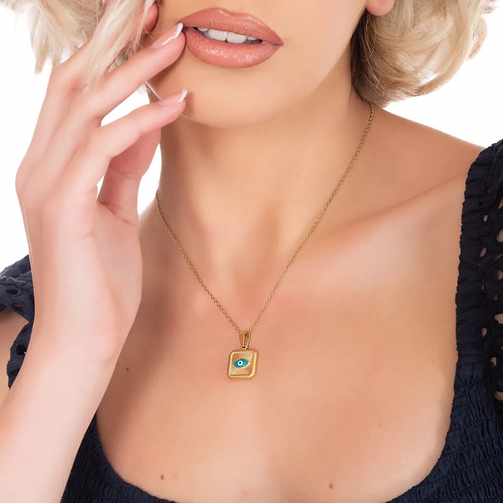 Κολιέ γυναικείο από ανοξείδωτο ατσάλι τετράγωνο με ματάκι