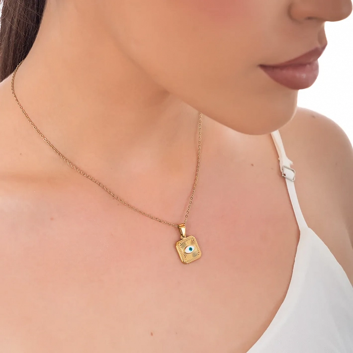 Κολιέ γυναικείο από ανοξείδωτο ατσάλι τετράγωνο με ματάκι