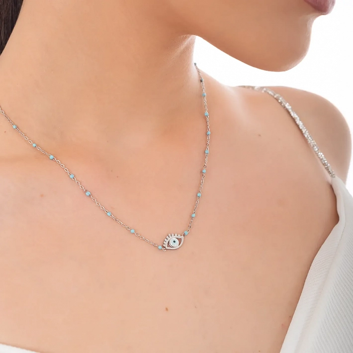 Κολιέ γυναικείο από ανοξείδωτο ατσάλι με ματάκι και γαλάζιες πέτρες