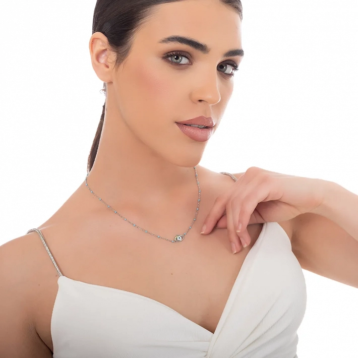 Κολιέ γυναικείο από ανοξείδωτο ατσάλι με ματάκι και γαλάζιες πέτρες