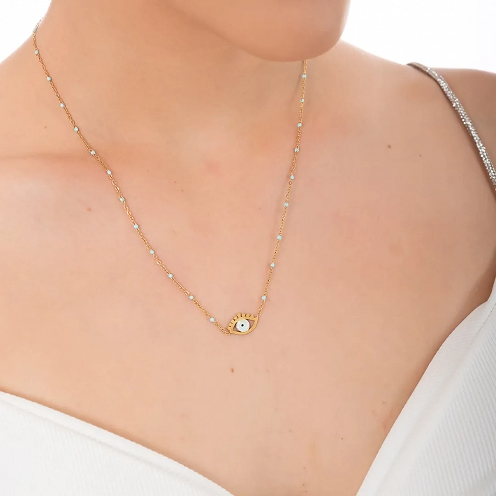 Κολιέ γυναικείο από ανοξείδωτο ατσάλι με ματάκι και γαλάζιες πέτρες