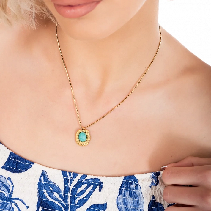 Κολιέ γυναικείο από ανοξείδωτο ατσάλι με τυρκουάζ πέτρα