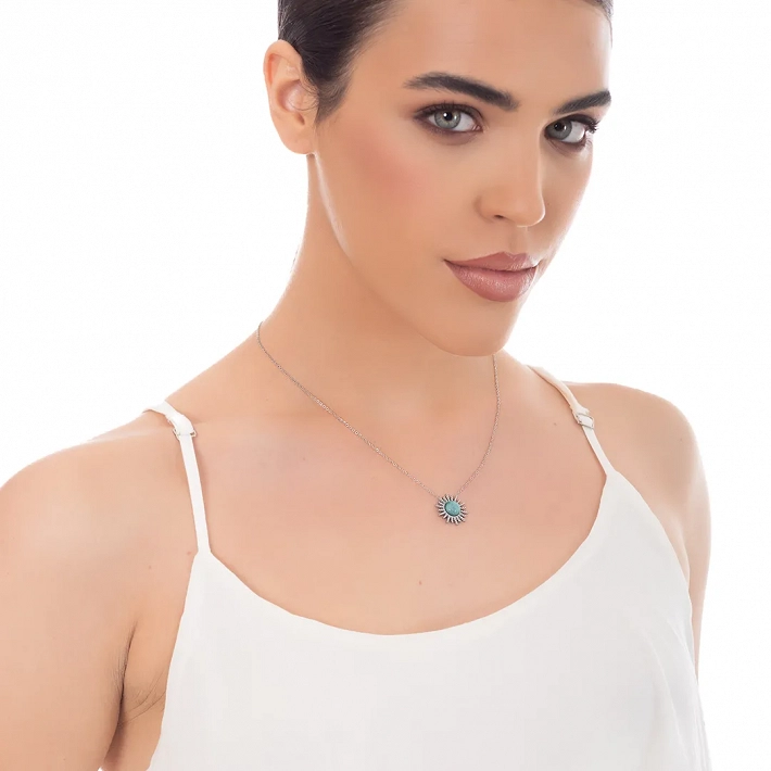 Κολιέ γυναικείο από ανοξείδωτο ατσάλι ήλιος με τυρκουάζ πέτρα