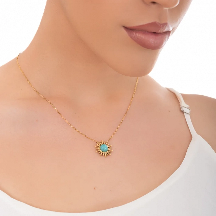 Κολιέ γυναικείο από ανοξείδωτο ατσάλι ήλιος με τυρκουάζ πέτρα