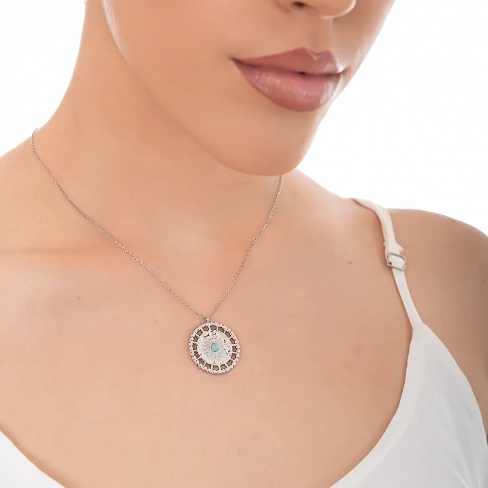 Κολιέ γυναικείο από ανοξείδωτο ατσάλι επιχρυσωμένο στρογγυλό με τυρκουάζ πέτρα
