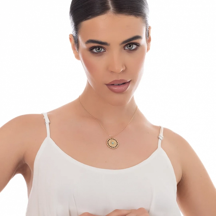 Κολιέ γυναικείο από ανοξείδωτο ατσάλι επιχρυσωμένο στρογγυλό με τυρκουάζ πέτρα