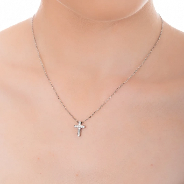 Κολιέ ατσάλινο σταυρός με αλυσίδα με λευκά ζιργκόν