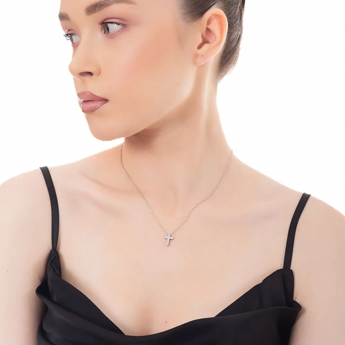 Κολιέ ατσάλινο σταυρός με αλυσίδα με λευκά ζιργκόν
