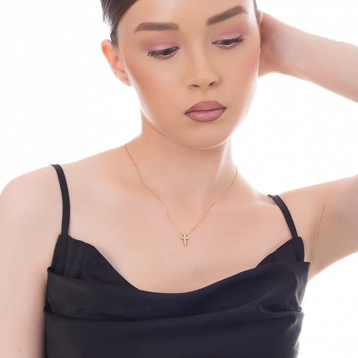 Κολιέ ατσάλινο σταυρός με αλυσίδα με λευκά ζιργκόν